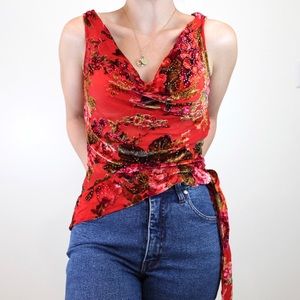 SOLD🖤 Vintage 90s Red Floral Cowl Neck Blouse
